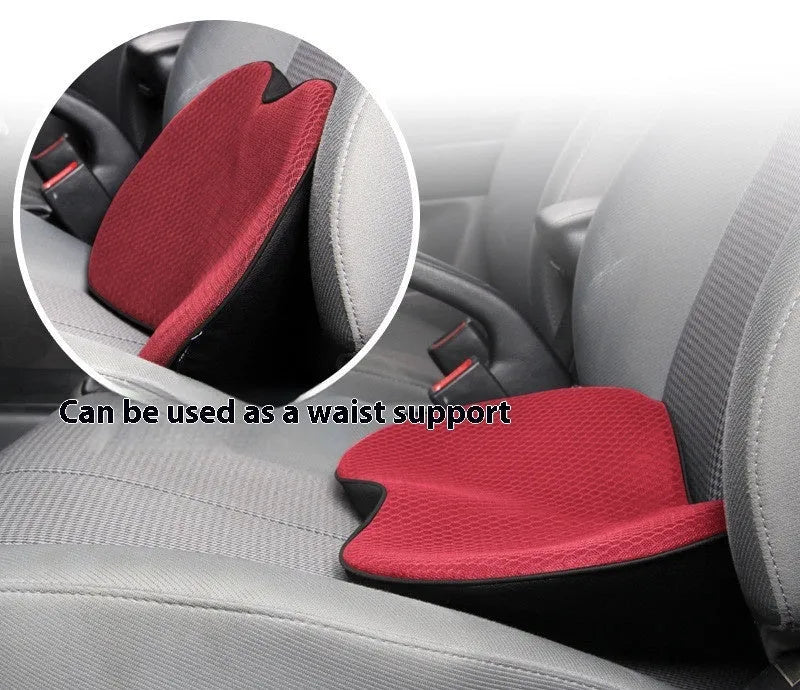 Flat black memory foam car seat cushion for increasing driving height.