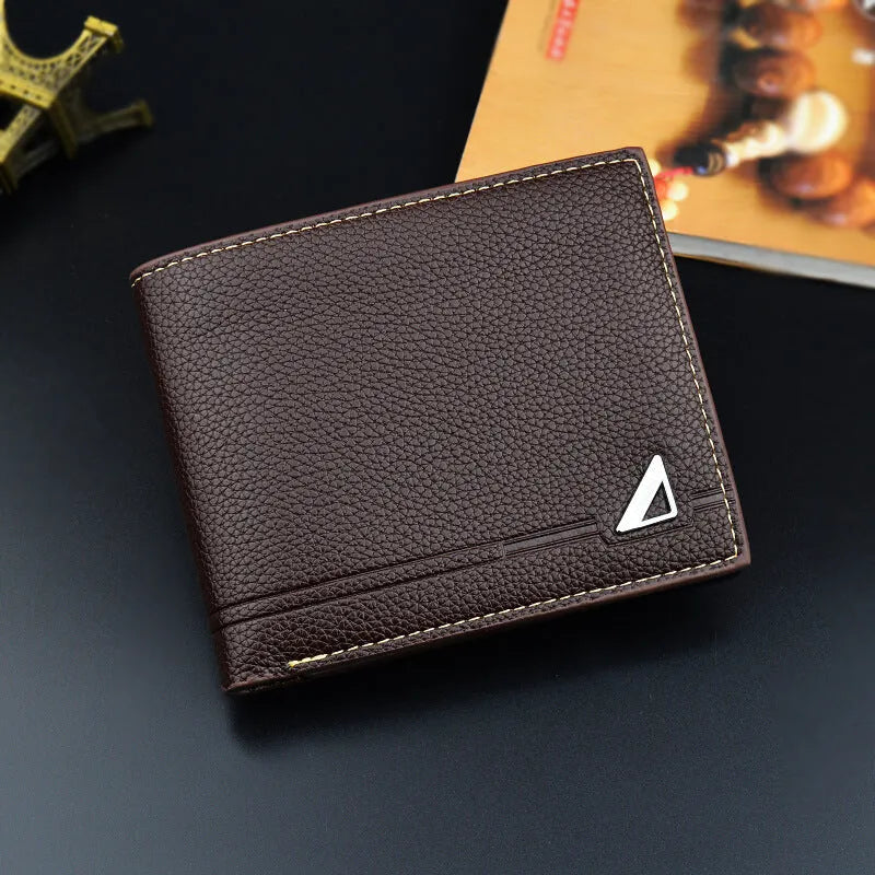 Men's short soft lychee pattern polyurethane leather wallet with multiple card slots and coin bag in black