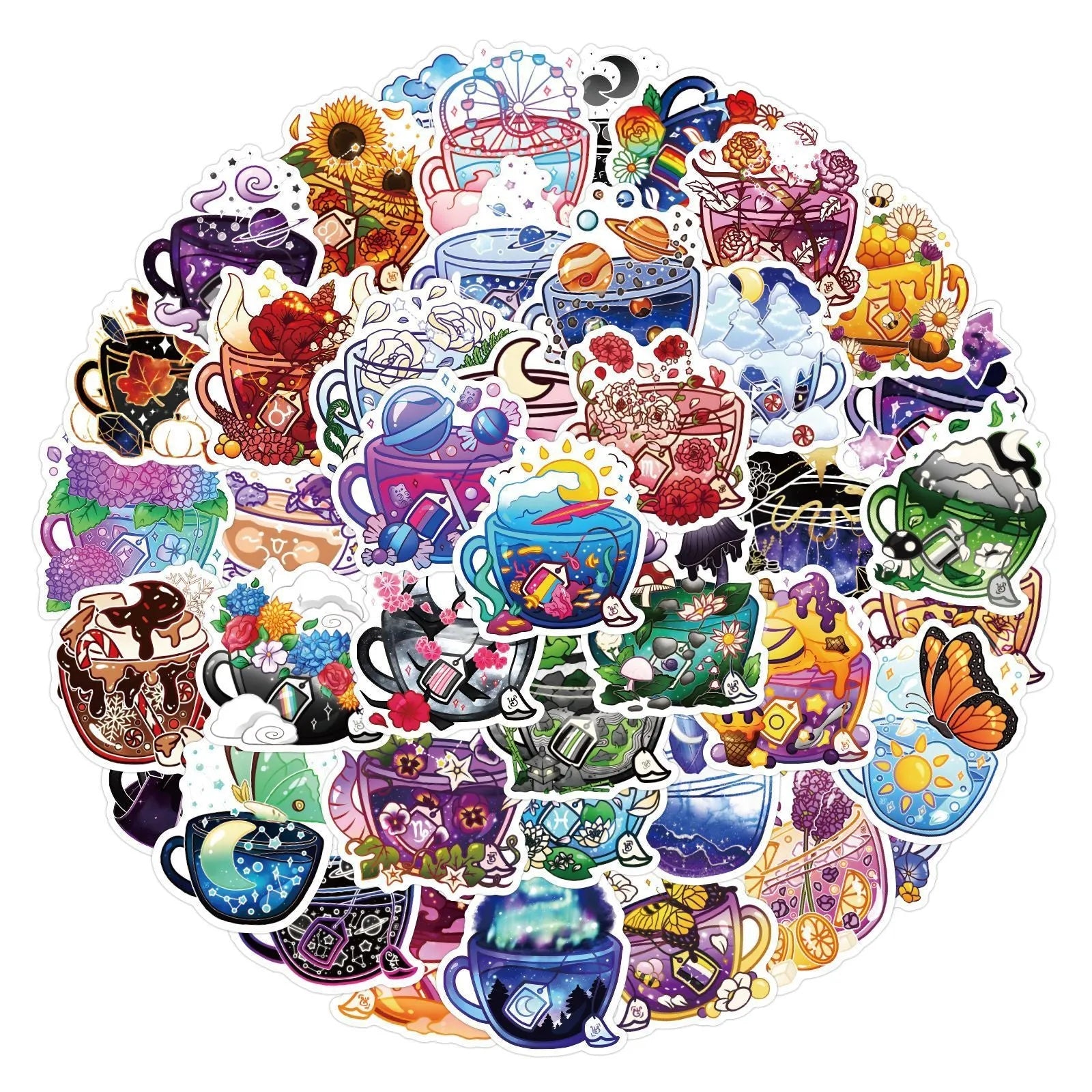 Pack of 50 colourful tea cup graffiti design waterproof stickers for DIY scooter and luggage customisation.