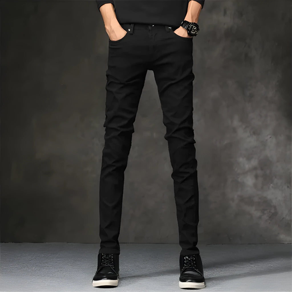 Black slim-fit stretch men's cotton pants, tight cut, sizes 27 to 36 with full cm size chart
