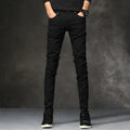 Black slim-fit stretch men's cotton pants, tight cut, sizes 27 to 36 with full cm size chart