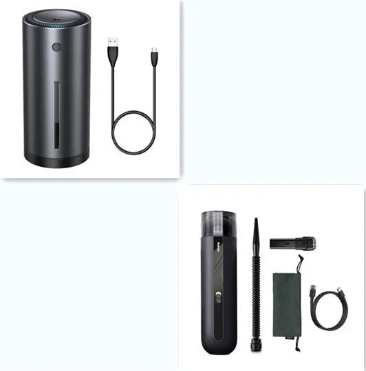 Starry sky black handheld car vacuum cleaner with a blowing hose attachment on a car seat.