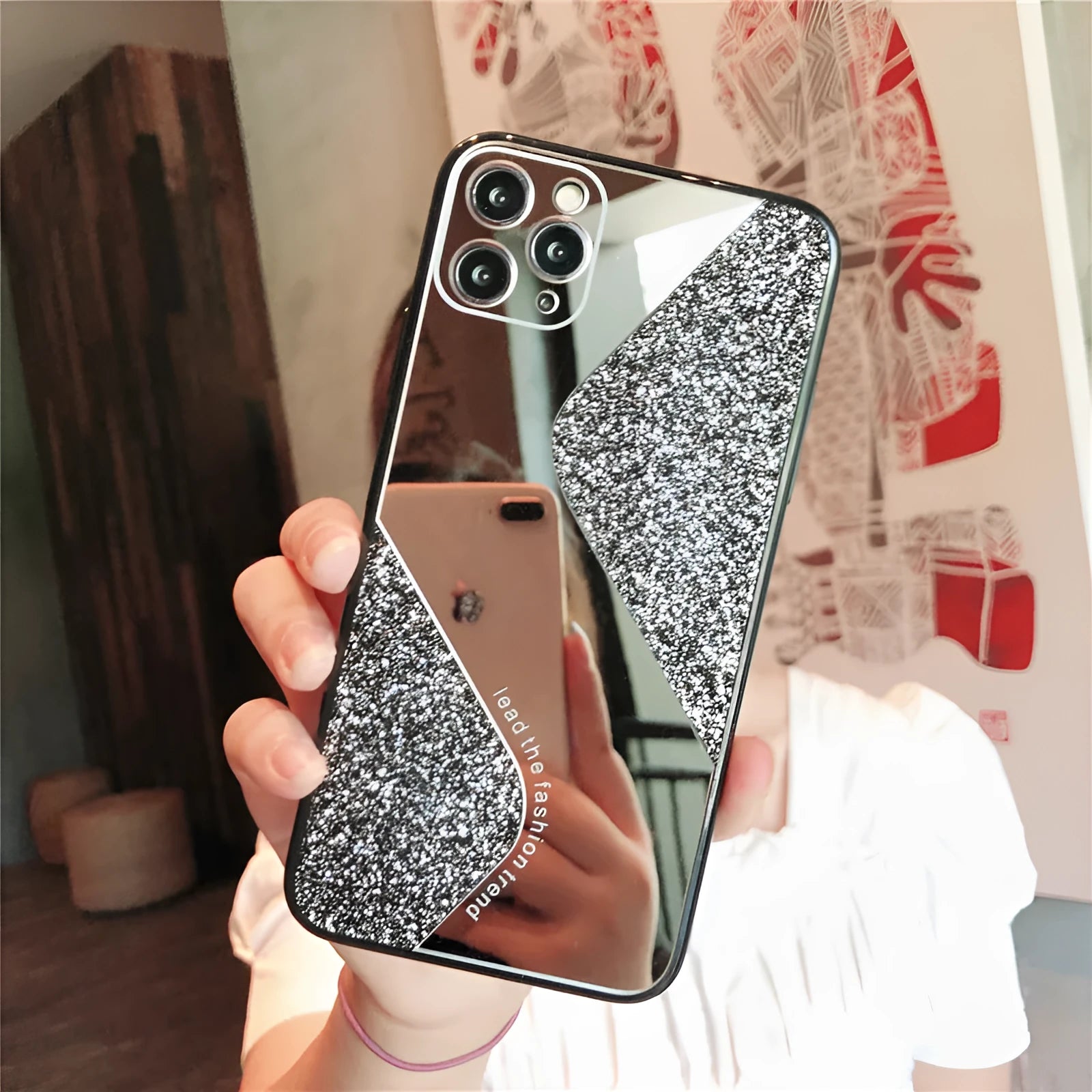 Glitter mirror iPhone case with rhinestone detailing in black, blue or pink colours