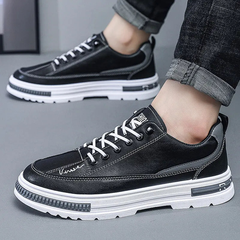 Men's black and white platform sneakers with elastic band closure and round toe design