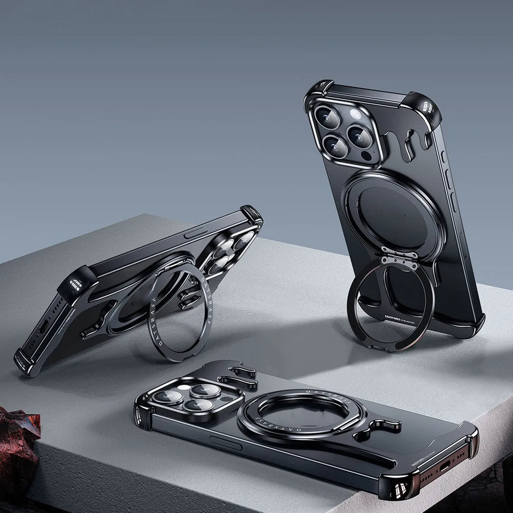 Liquid metal frameless phone case with rotating bracket for iPhone, gentleman's black colour, metal hollow design