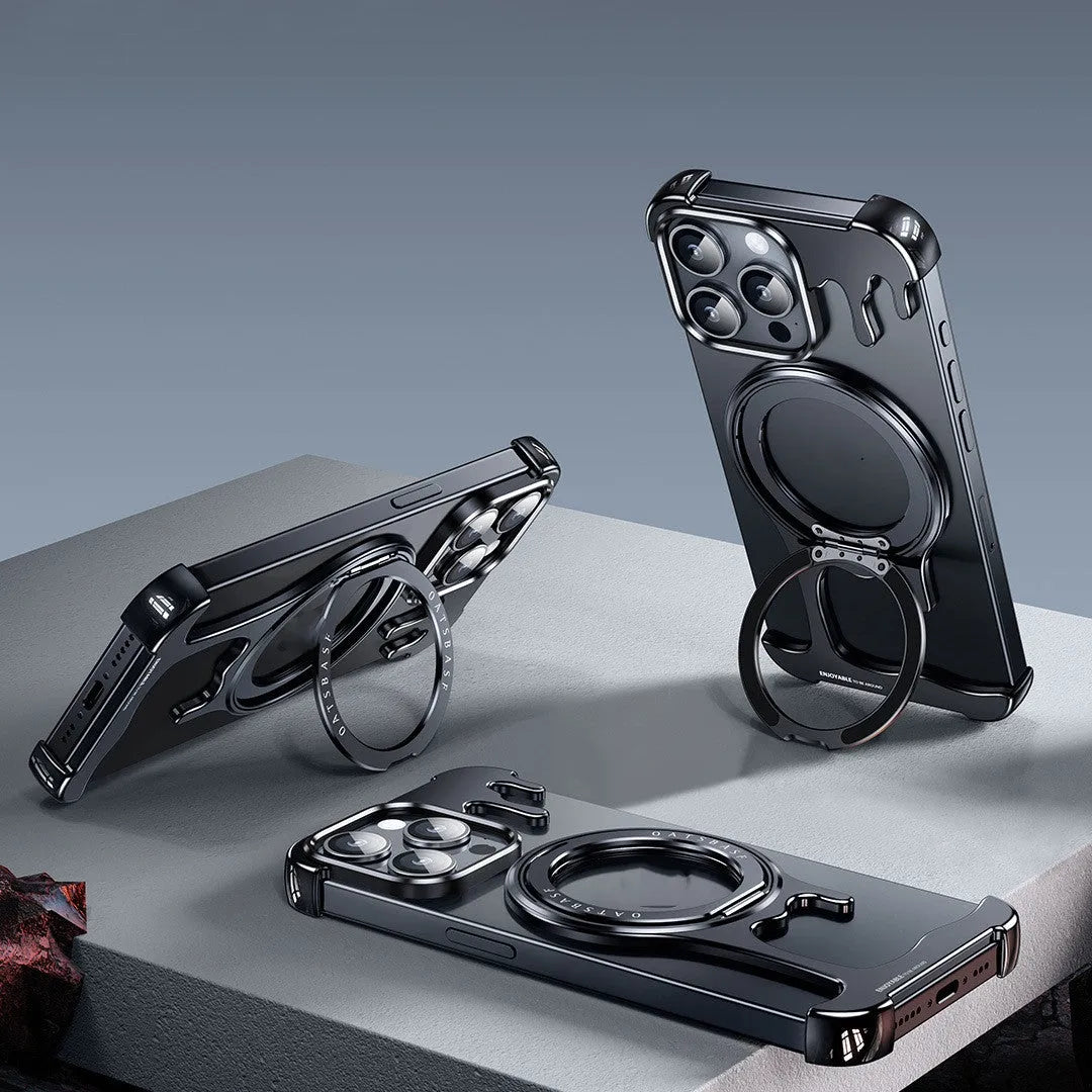 Liquid metal frameless phone case with rotating bracket for iPhone, gentleman's black colour, metal hollow design