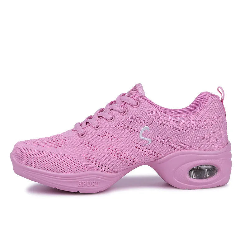 Women's breathable Flyknit mesh dance shoes in multiple colours with a soft PU sole.