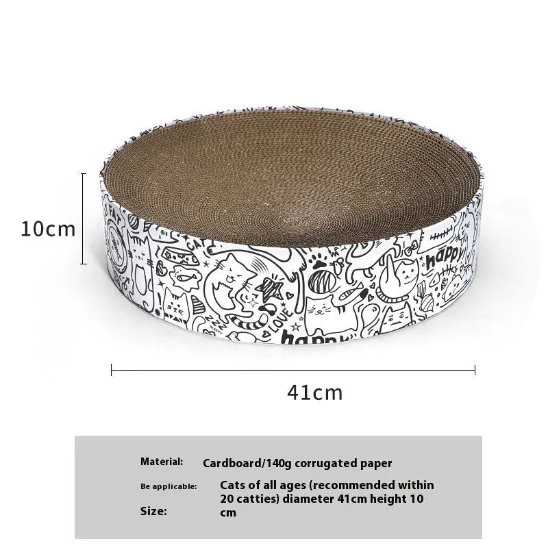 Round white corrugated paper cat scratching board nest, 42x42x10cm extra large, on a floor