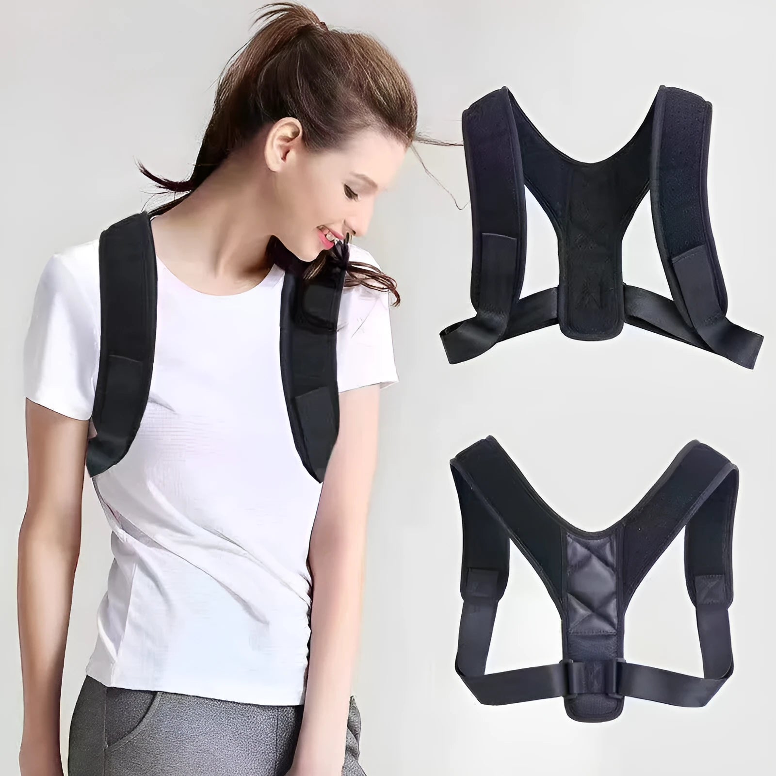 Babaka style nylon back correction posture brace shown on a person, adjustable for anti-humpback support.