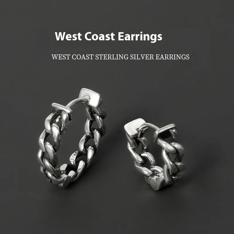 West Coast men's geometric copper earring studs on a plain background, showing silver and patterned options.