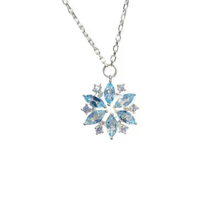 Sky blue snowflake pendant necklace with rhinestones on alloy chain