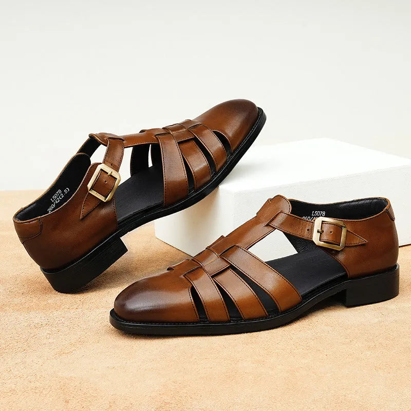 Men's black and brown genuine leather sandals with rubber soles for summer business casual wear