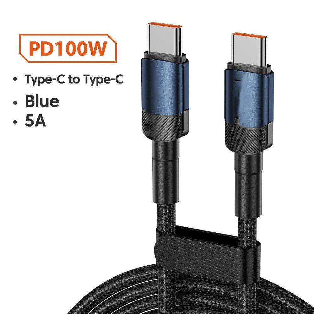 Black woven USB cable with aluminium alloy connectors shown at 100W fast charge length options