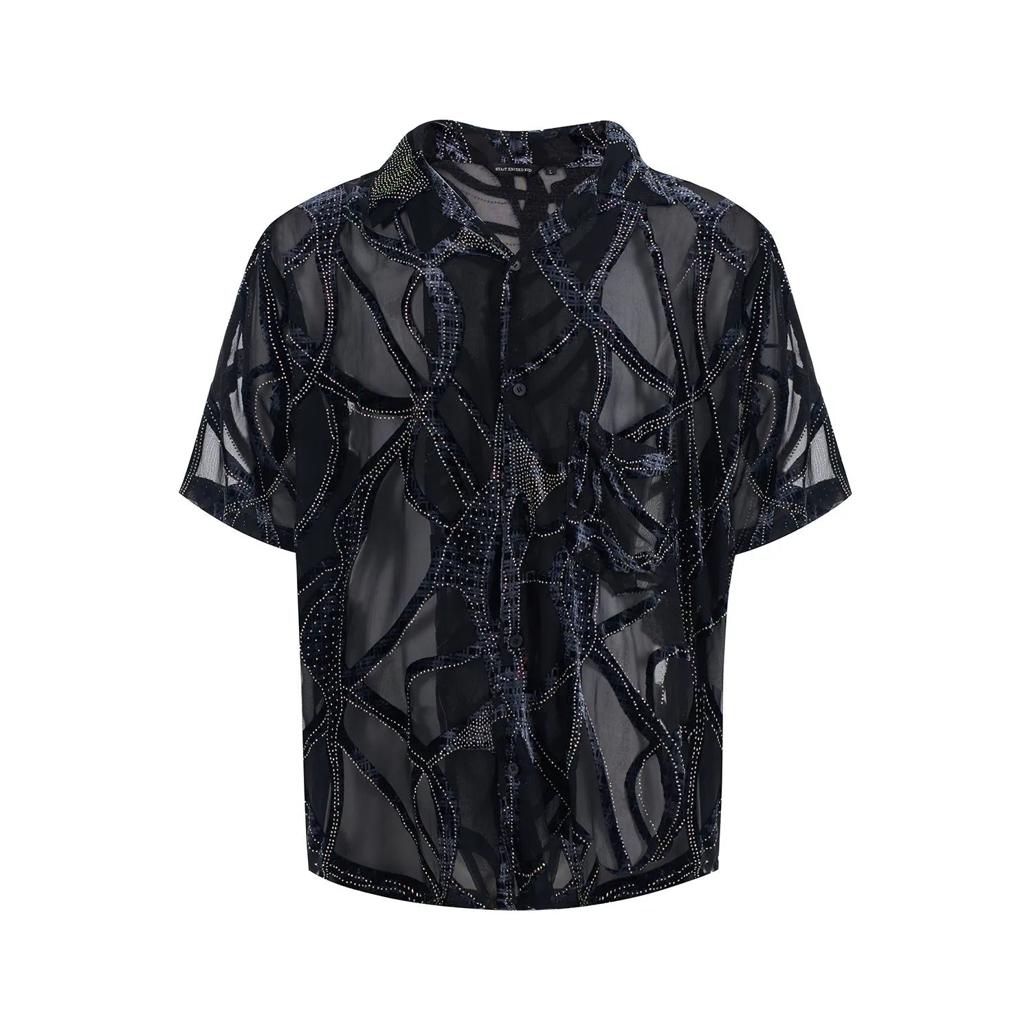 Man modelling a black and grey snake pattern translucent short-sleeved loose-fit shirt