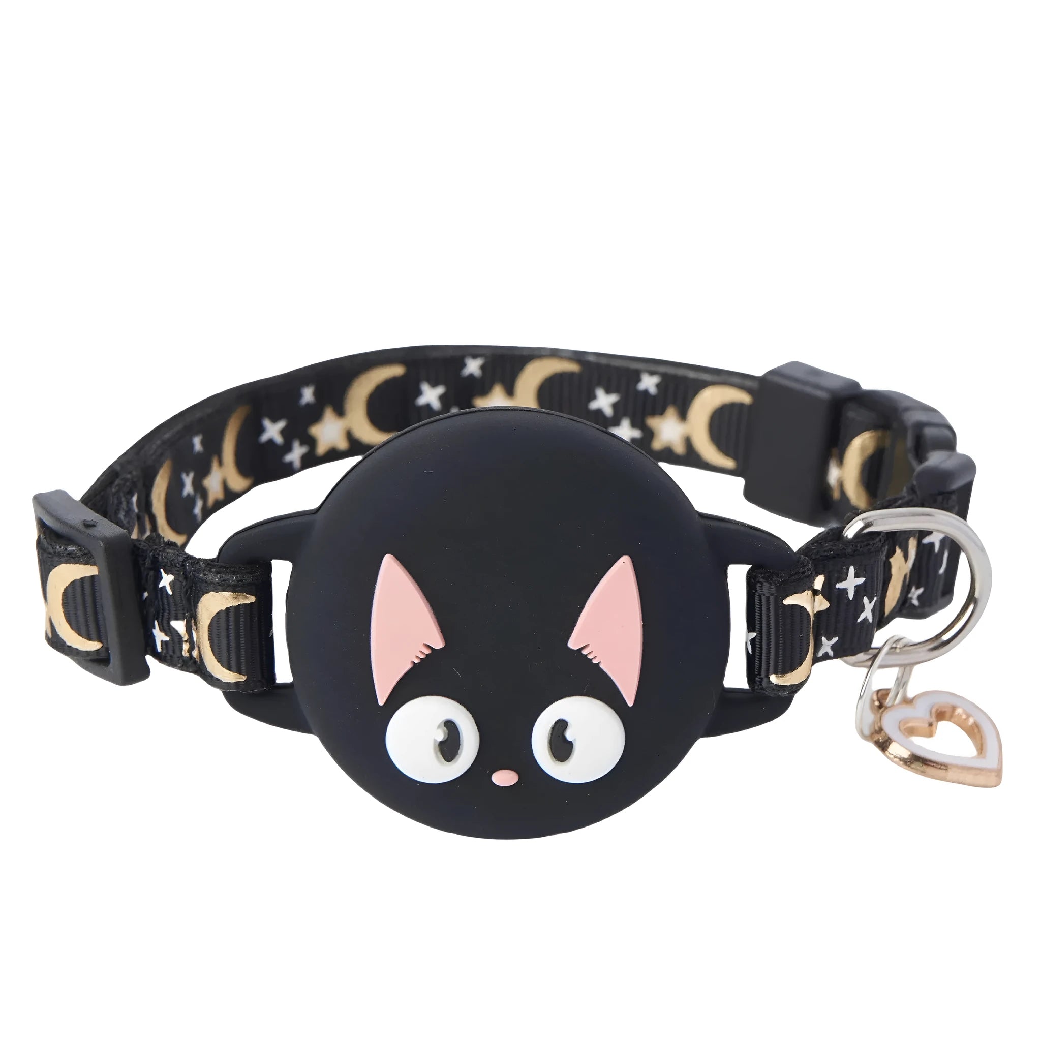 Pink and black plastic AirTag protective cases attached to a cat collar, showing adjustable sizing.