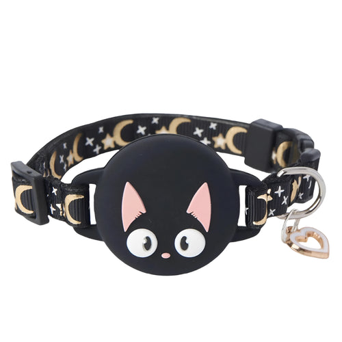 Pink and black plastic AirTag protective cases attached to a cat collar, showing adjustable sizing.