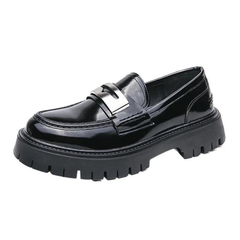 Men's black glossy PU leather platform loafers with a low heel for summer.