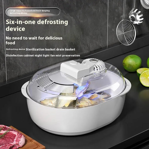 Aluminium food defrosting plate on a kitchen countertop, shown with a USB cable