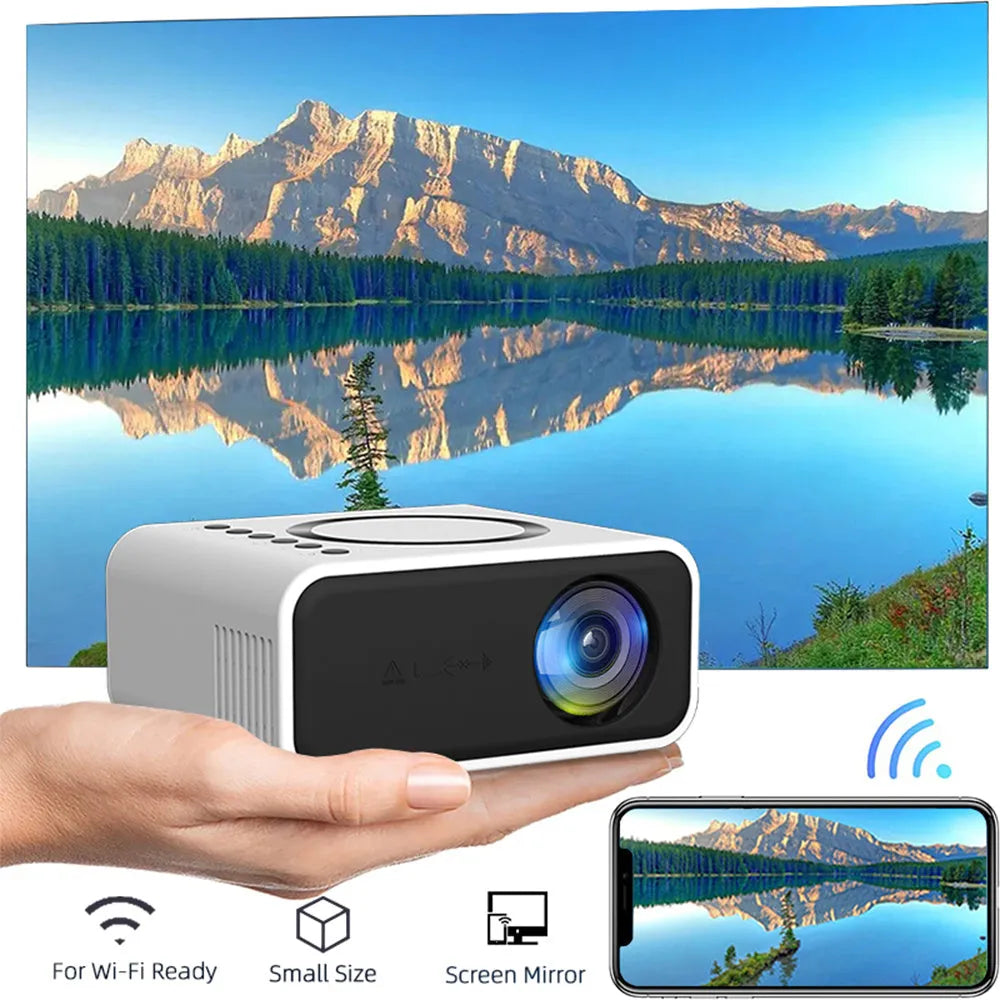 YT300 black or white portable mini LED projector showing compact size and lens for home cinema projection.