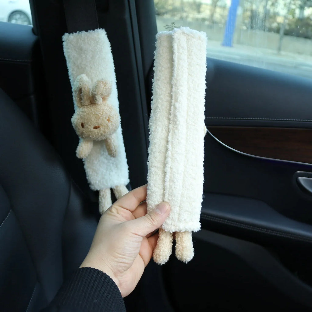 Cartoon plush car seat belt shoulder protector in lamb wool, showing Rabbit and Bear design options.