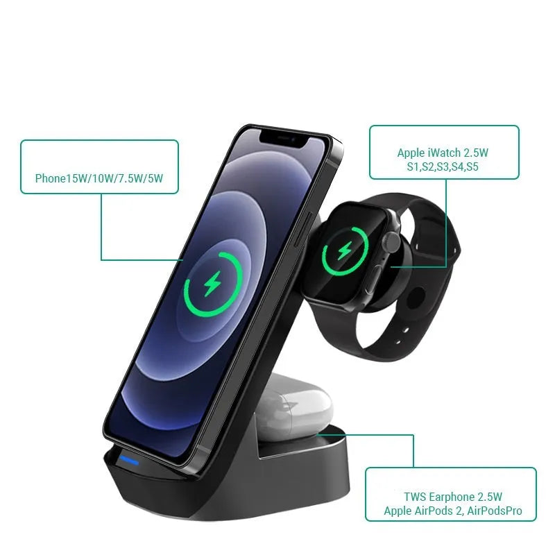 Black grey foldable 3-in-1 wireless charger stand with phone, smartwatch, and earbuds case charging.