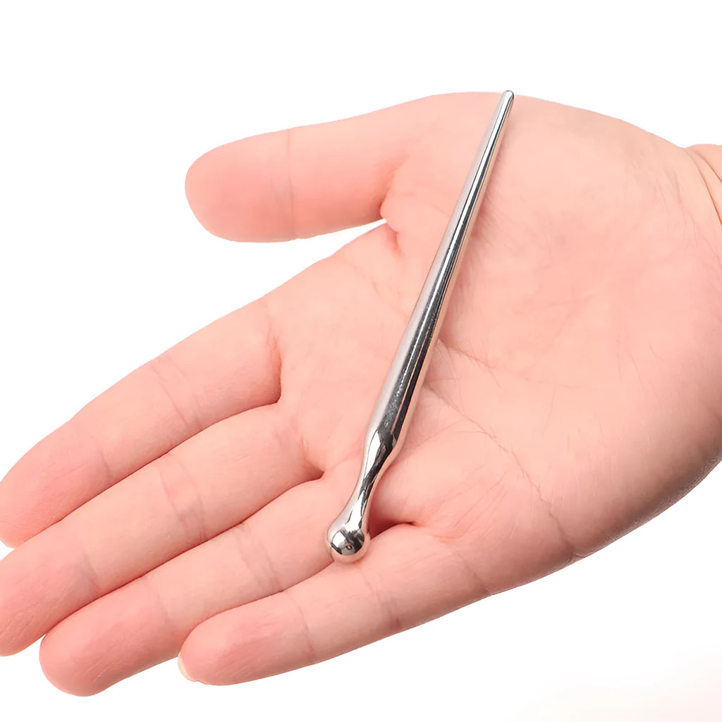 Silver metal urethral plug stick with round beads and horse eye shaped base