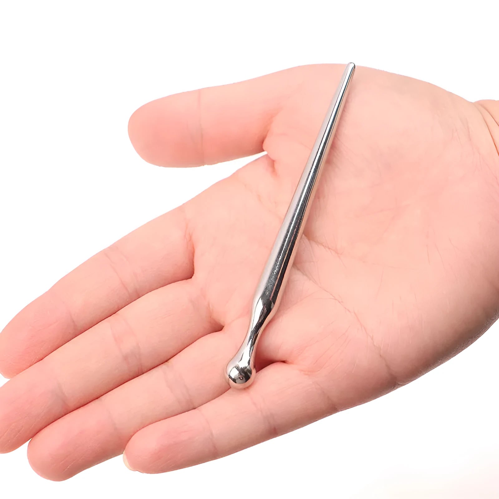 Silver metal urethral plug stick with round beads and horse eye shaped base