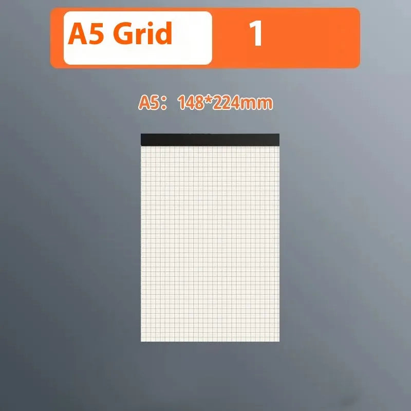 A5, B5, and A4 tearable writing pads showing blank, grid, and horizontal line page options.