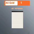 A5, B5, and A4 tearable writing pads showing blank, grid, and horizontal line page options.