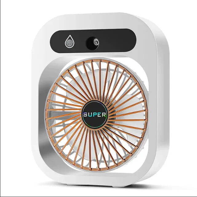 USB misting fan and humidifier in green or white, with three wind speeds and adjustable direction