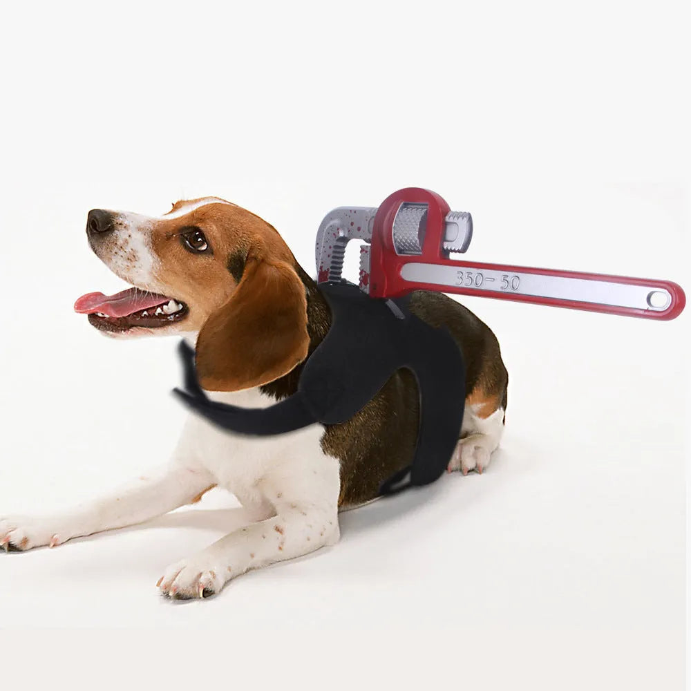 Pet wearing black felt bloody knife vest costume with plastic blade on Halloween