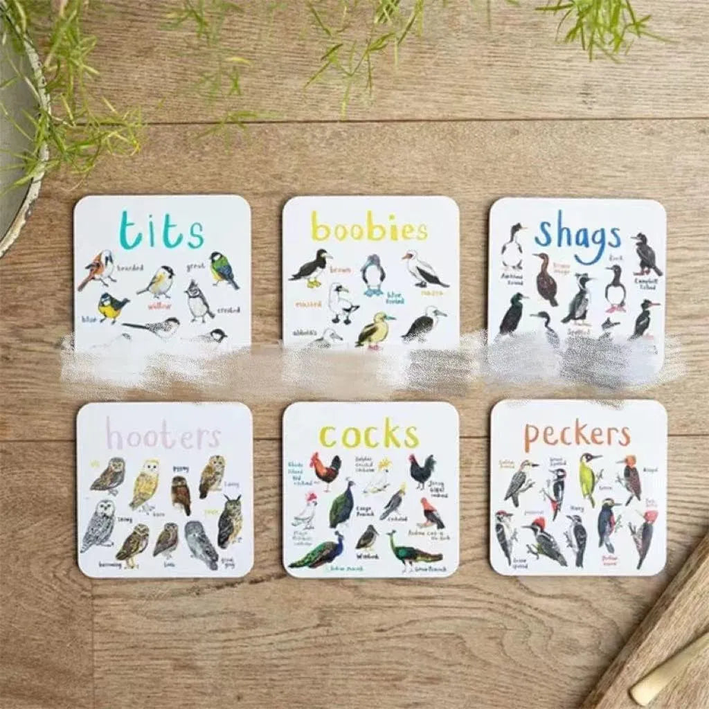 Set of six square bird pun coasters with different bird chart illustrations on white background