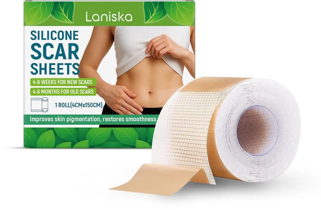 Roll of clear silicone scar sheet with measurements showing 4cm width and 150cm length for scar treatment.