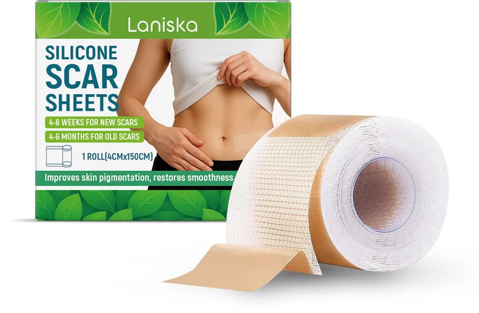 Roll of clear silicone scar sheet with measurements showing 4cm width and 150cm length for scar treatment.