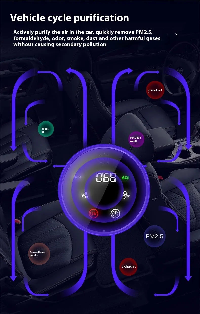 Black cylindrical car air purifier with USB connection for vehicle formaldehyde removal and negative ion generation