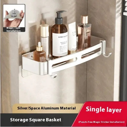 Gun grey corner-mounted bathroom rack with triangle basket design and punch-free wall mounting