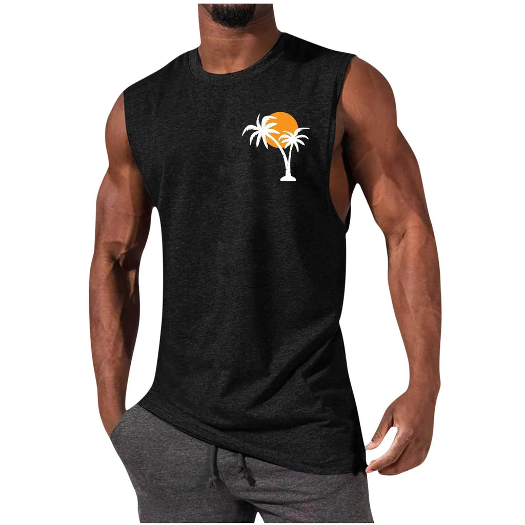 Mens loose sleeveless vest with digital print, straight hem, polyester milk silk fabric, summer casual top