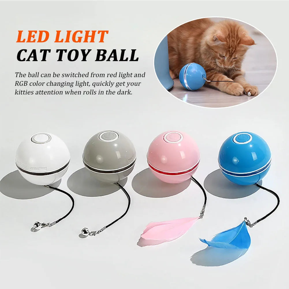 Colorful LED laser funny cat ball, USB rechargeable, 6.4cm diameter ABS plastic, with feather and bell