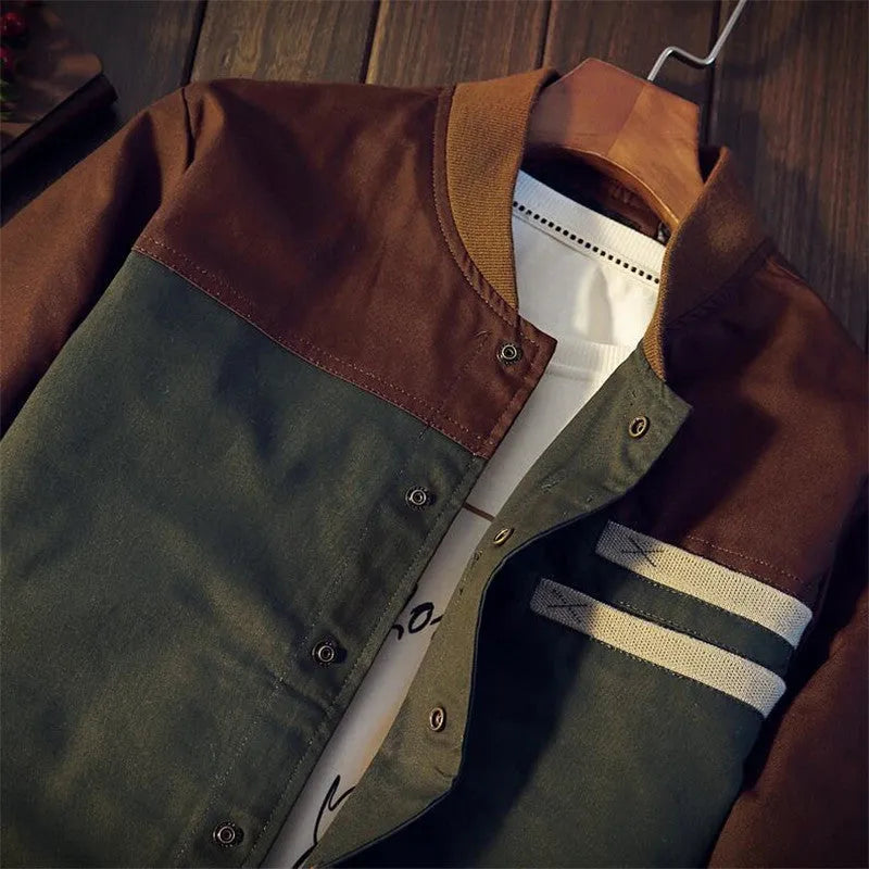 Men's Korean style blue cotton casual jacket with single-breasted collar and colour-matching pattern