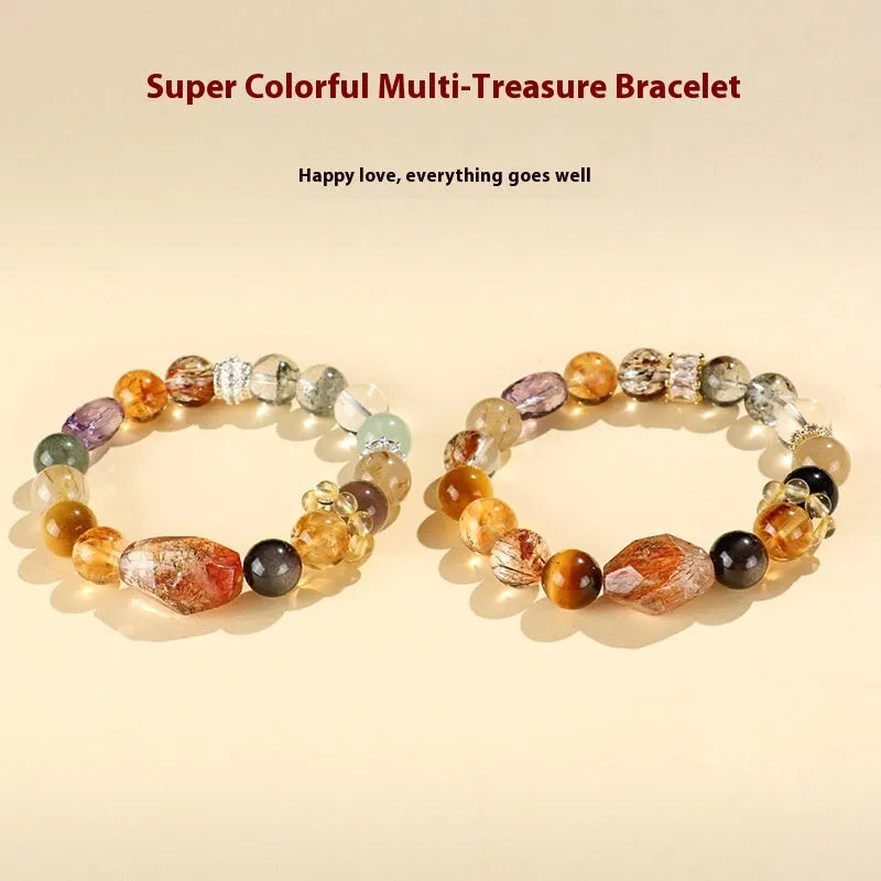 Close-up of a handmade black and gold natural crystal bead bracelet for women.