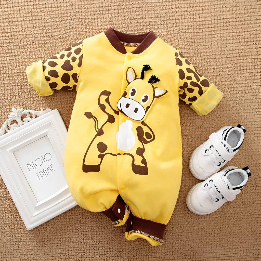 Cotton baby rompers jumpsuit in 585 Cow Cotton colour with long climbing style and front closure