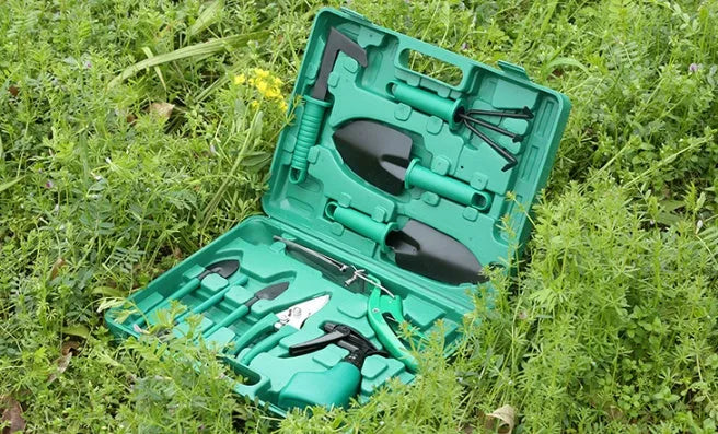 Ten-piece gardening tool set with iron heads and plastic handles, green and purple colour options