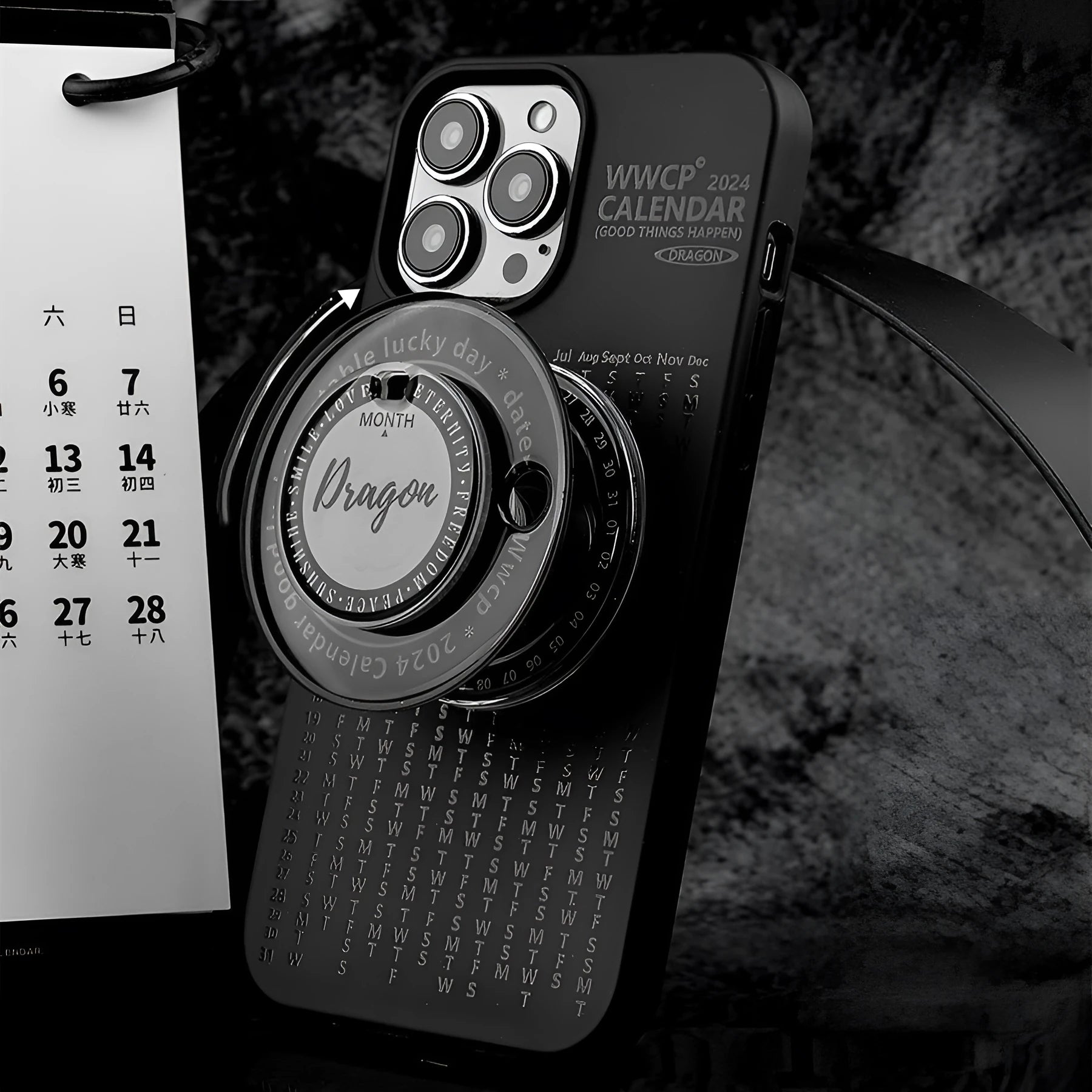 Black biodegradable silicone phone case with rotating bracket for iPhone, full edge wrapping