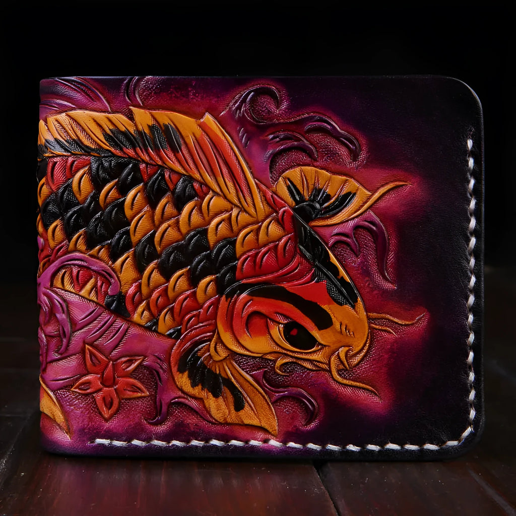 Men's hand-carved cow leather short bifold wallet in blue, showing compact size and textured finish.