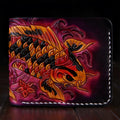 Men's hand-carved cow leather short bifold wallet in blue, showing compact size and textured finish.
