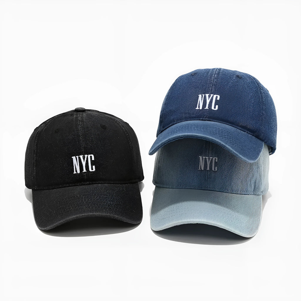Adjustable denim peaked cap with retro alphabet lettering in black, dark blue and light blue options