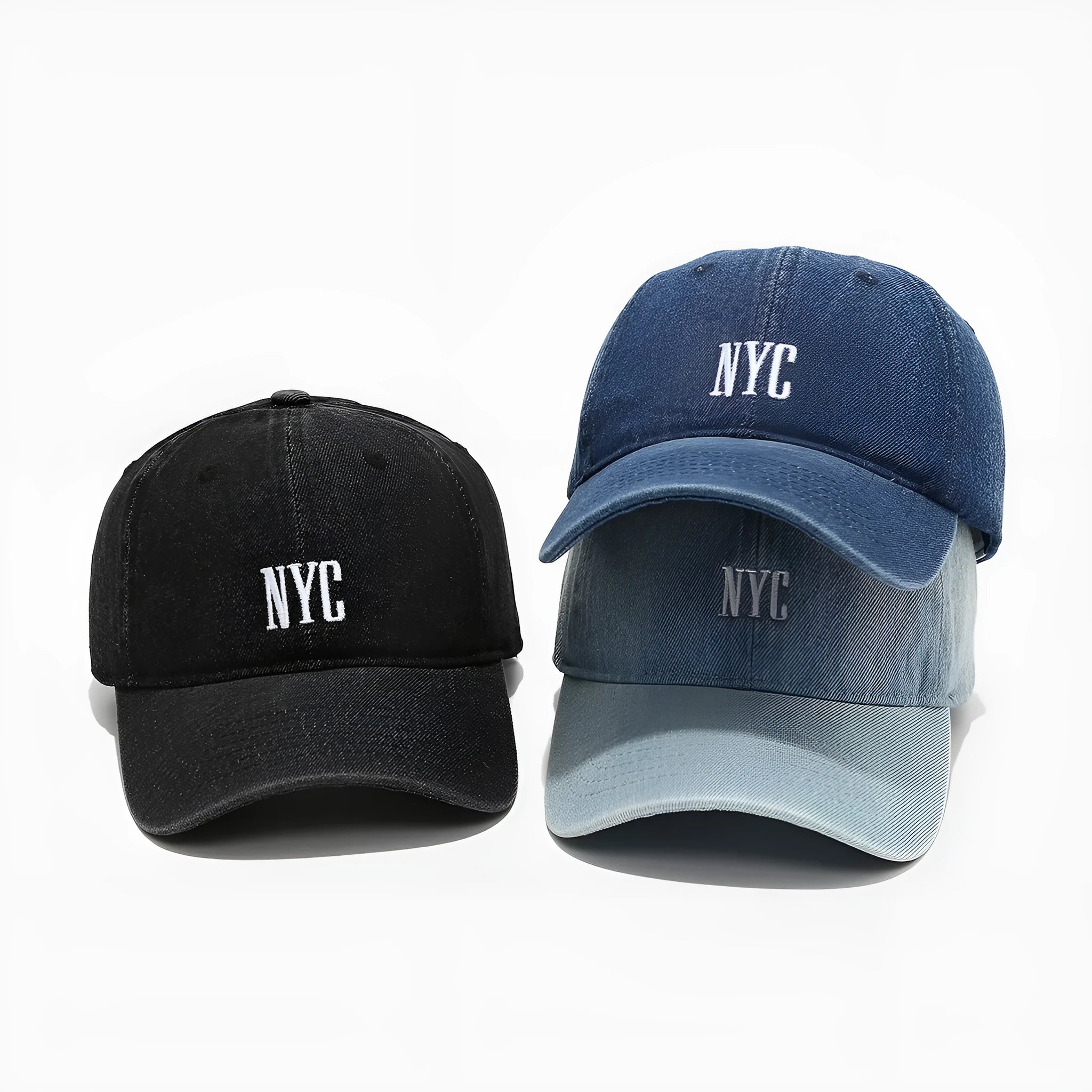 Adjustable denim peaked cap with retro alphabet lettering in black, dark blue and light blue options