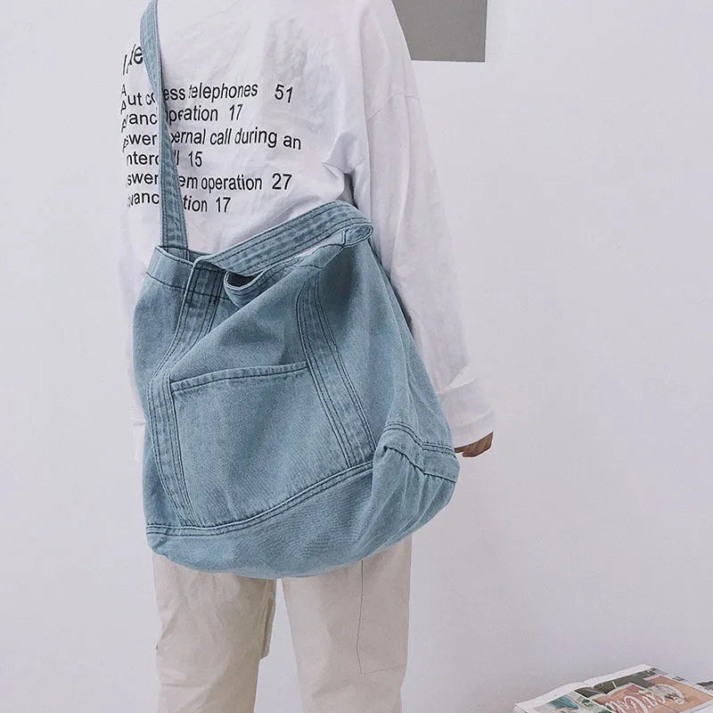 Large canvas tote bag in dark blue or light blue with polyester lining, women's shoulder bag.