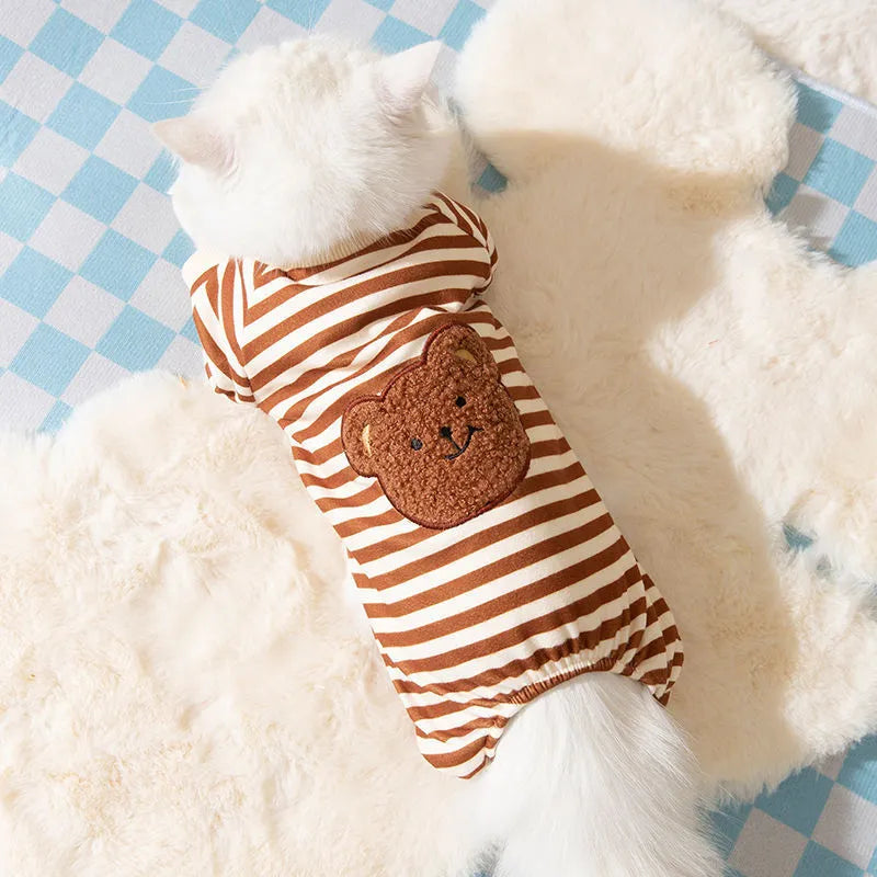 Cute Kitty anti-lint Dralon pet coat in white polka dot banana pattern on a cat, side view