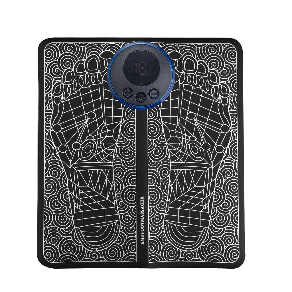 Leather foot massage cushions with a wireless remote control on a grey background.